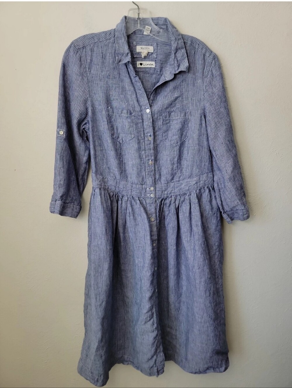 Malvin Blue and White Pinstripe I Love Linen Pullover Dress M /8 Nautical Beachy